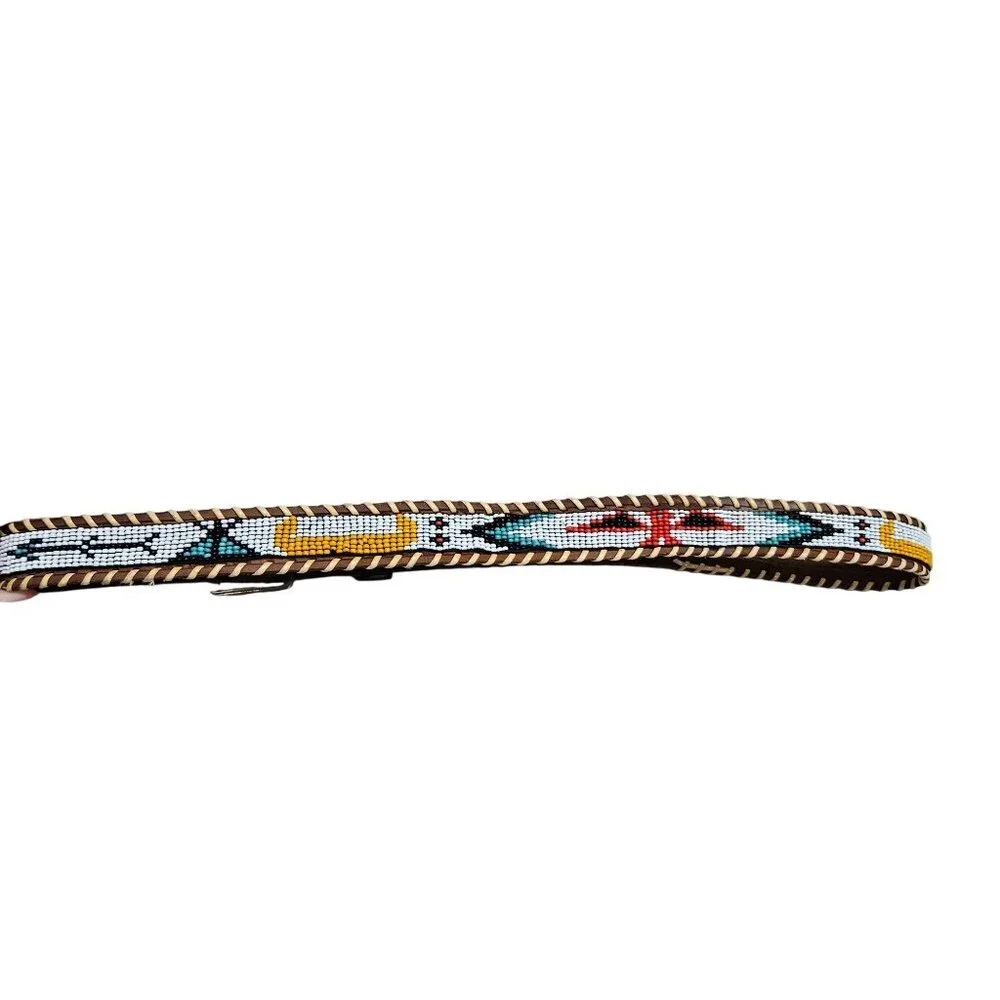 Vintage Tooled Steerhide Leather Belt With‎ Beaded Design Metal Buckle 32